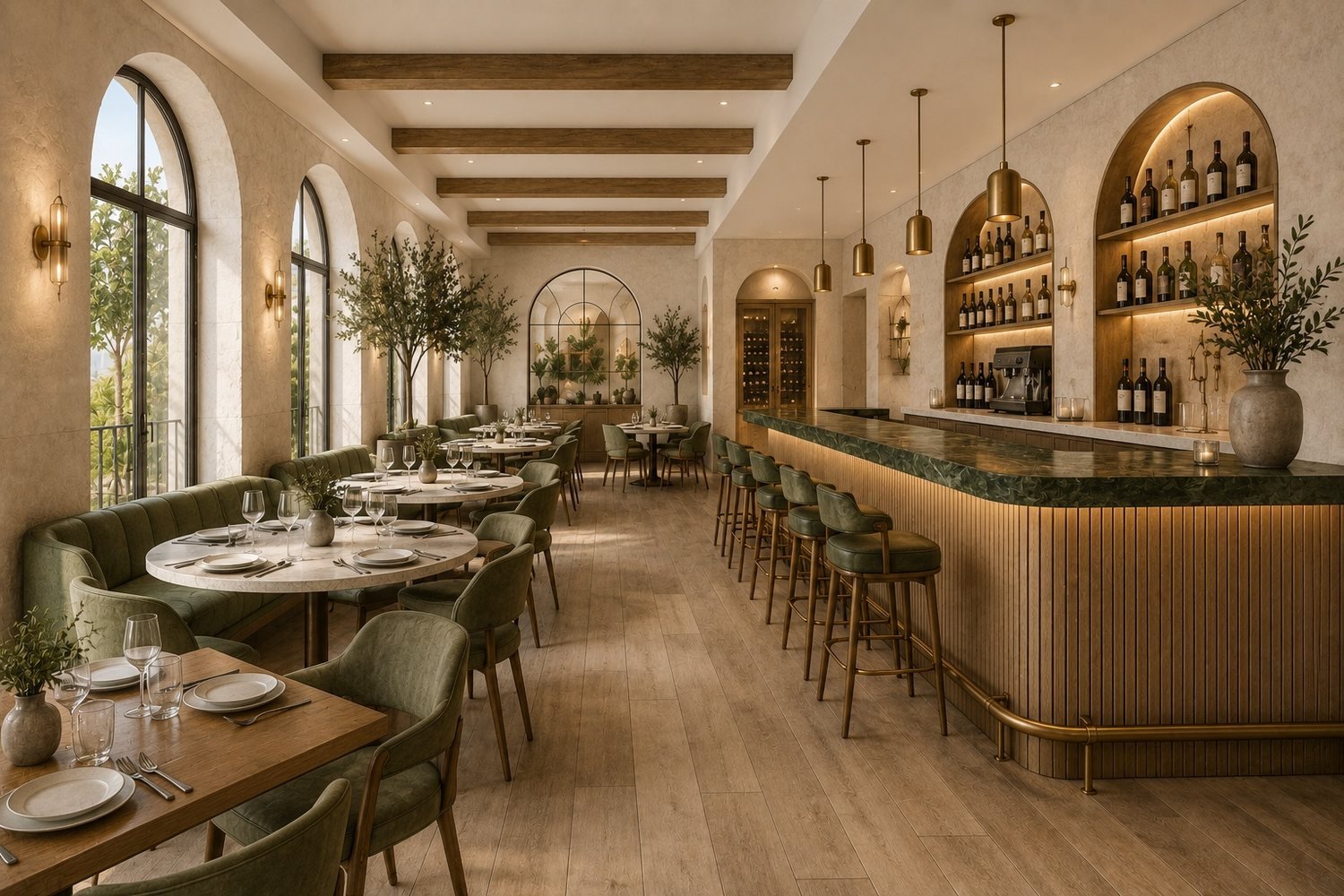 Render fotorrealista — Restaurante de hotel 5★ — IE Contract